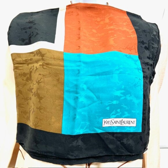 Yves Saint Laurent YSL 100% Silk Satin Scarf 34" Color Block BlackBrown Blue (76 - Picture 7 of 16